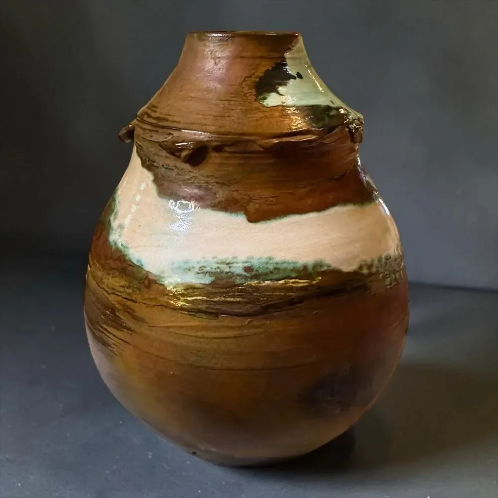 Artisan Ceramic Vase Handcrafted Fired Glazed Brown Cream Mint Green Signed